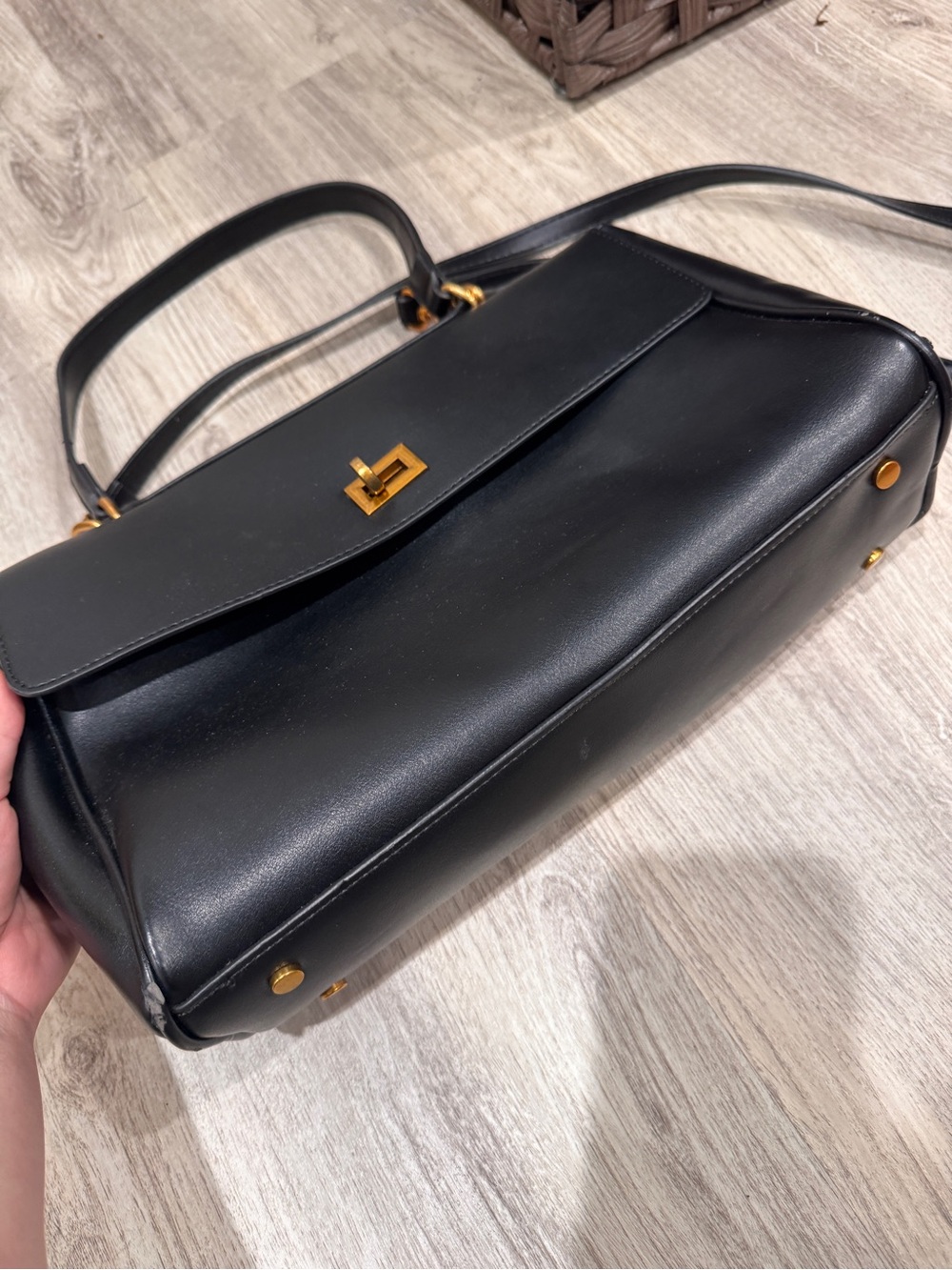 Black Faux Leather Shoulder Bag Gold Hardware Small - Picture 2 of 8